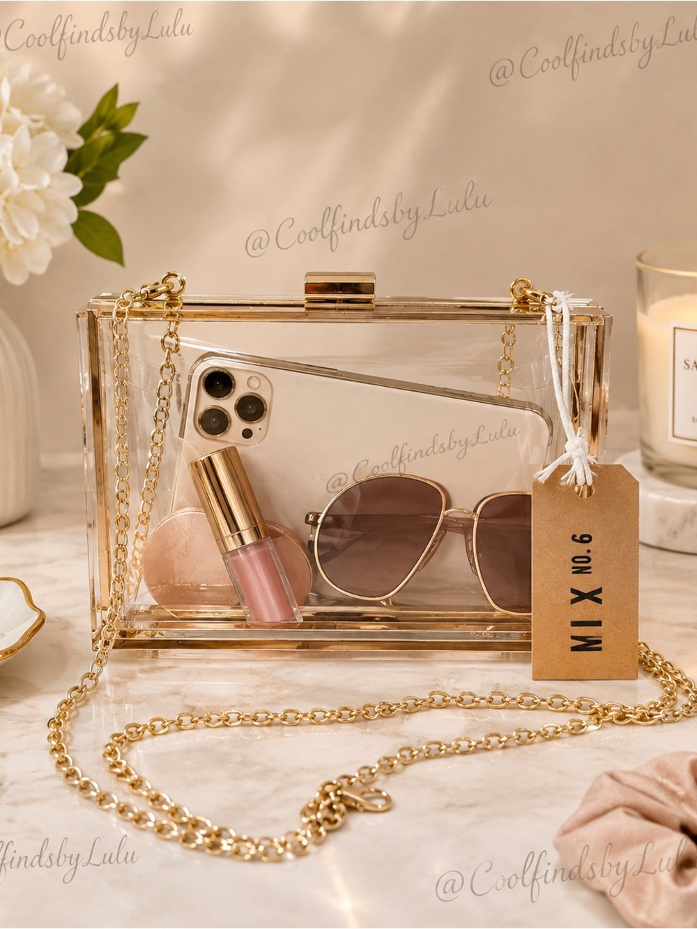 Clear Acrylic Box Clutch with Gold Trim